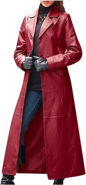 Women Leather Jacket Maxi Long Lapel Coat Outwear Fall Winter Fashion Slim Fit Single Breasted Windbreak Overcoat