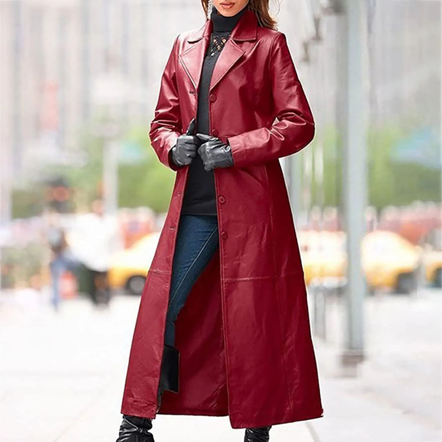 Women Leather Jacket Maxi Long Lapel Coat Outwear Fall Winter Fashion Slim Fit Single Breasted Windbreak Overcoat