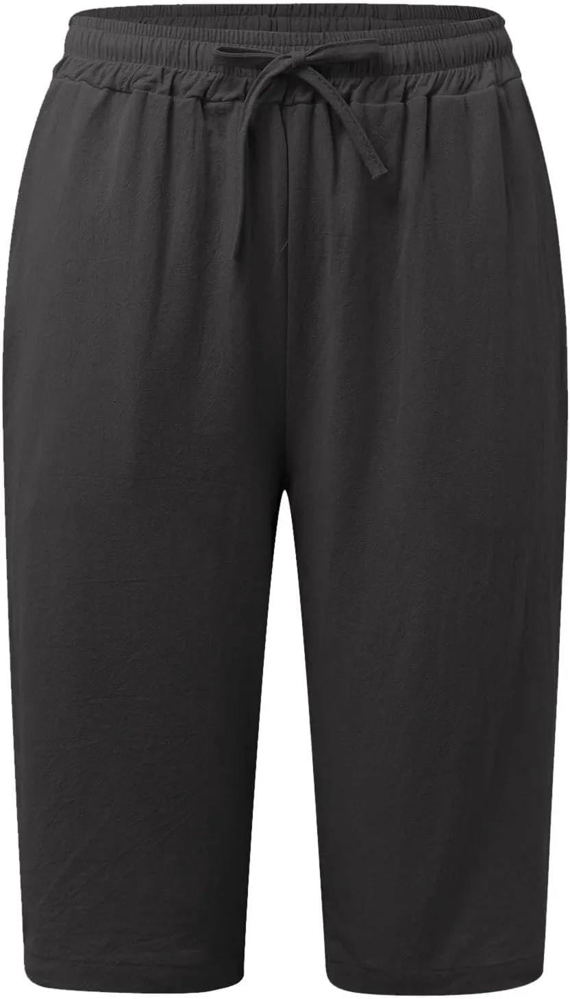 Women Linen Cropped Pants Casual Side Hollow Design Capri Pants Summer Breathable Travel Beach Trousers with Pockets