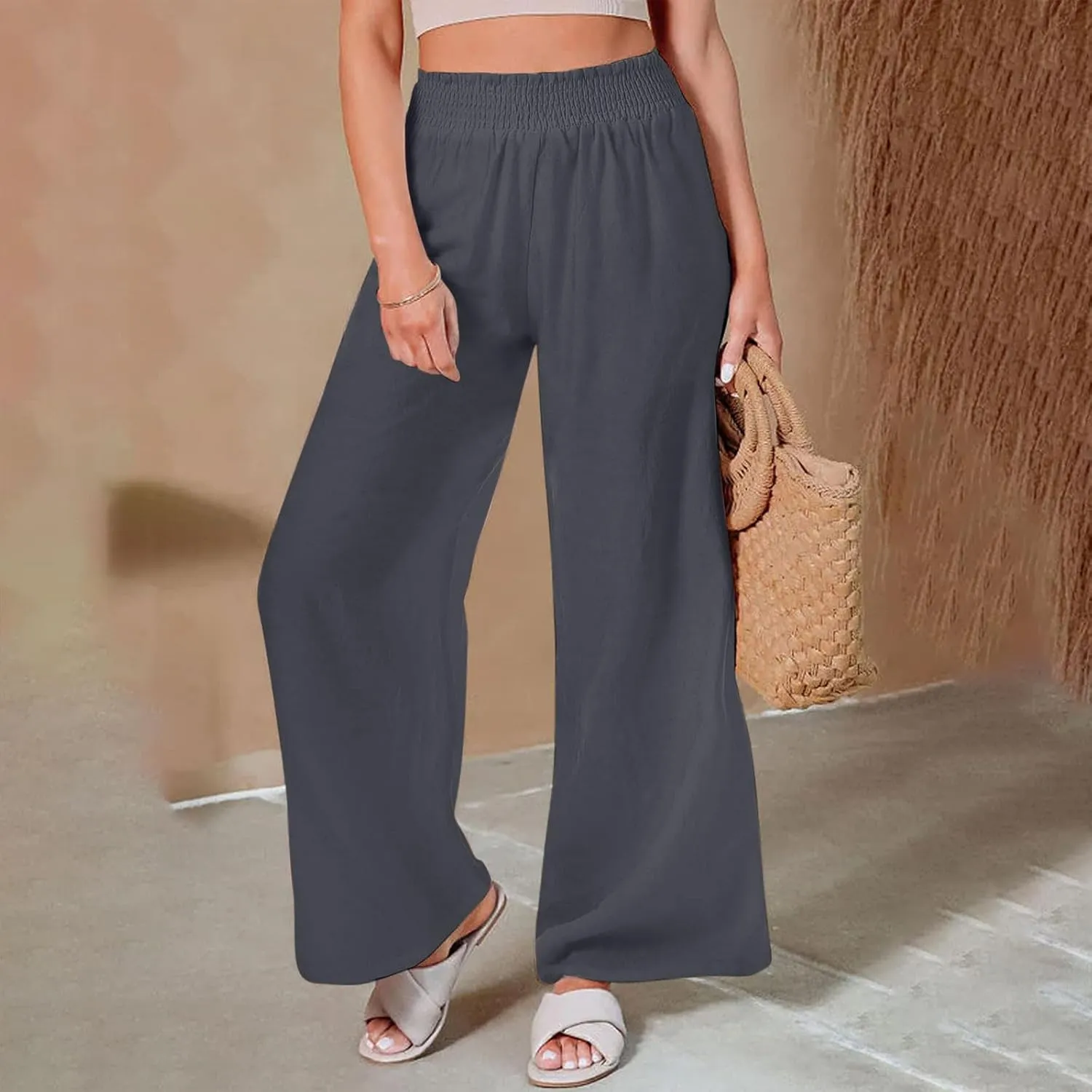 Women Linen Palazzo Pants High Waisted Wide Leg Pants Loose Fit Trousers Pants Wide Waisted Pants Summer Casual Lounge Pants