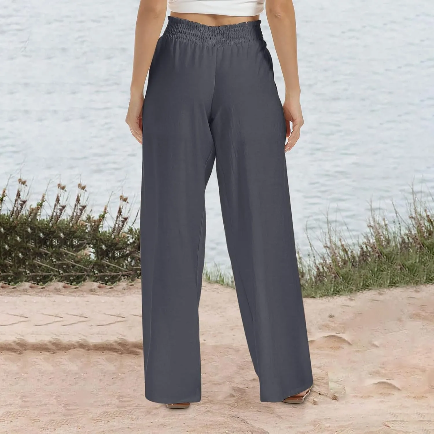 Women Linen Palazzo Pants High Waisted Wide Leg Pants Loose Fit Trousers Pants Wide Waisted Pants Summer Casual Lounge Pants