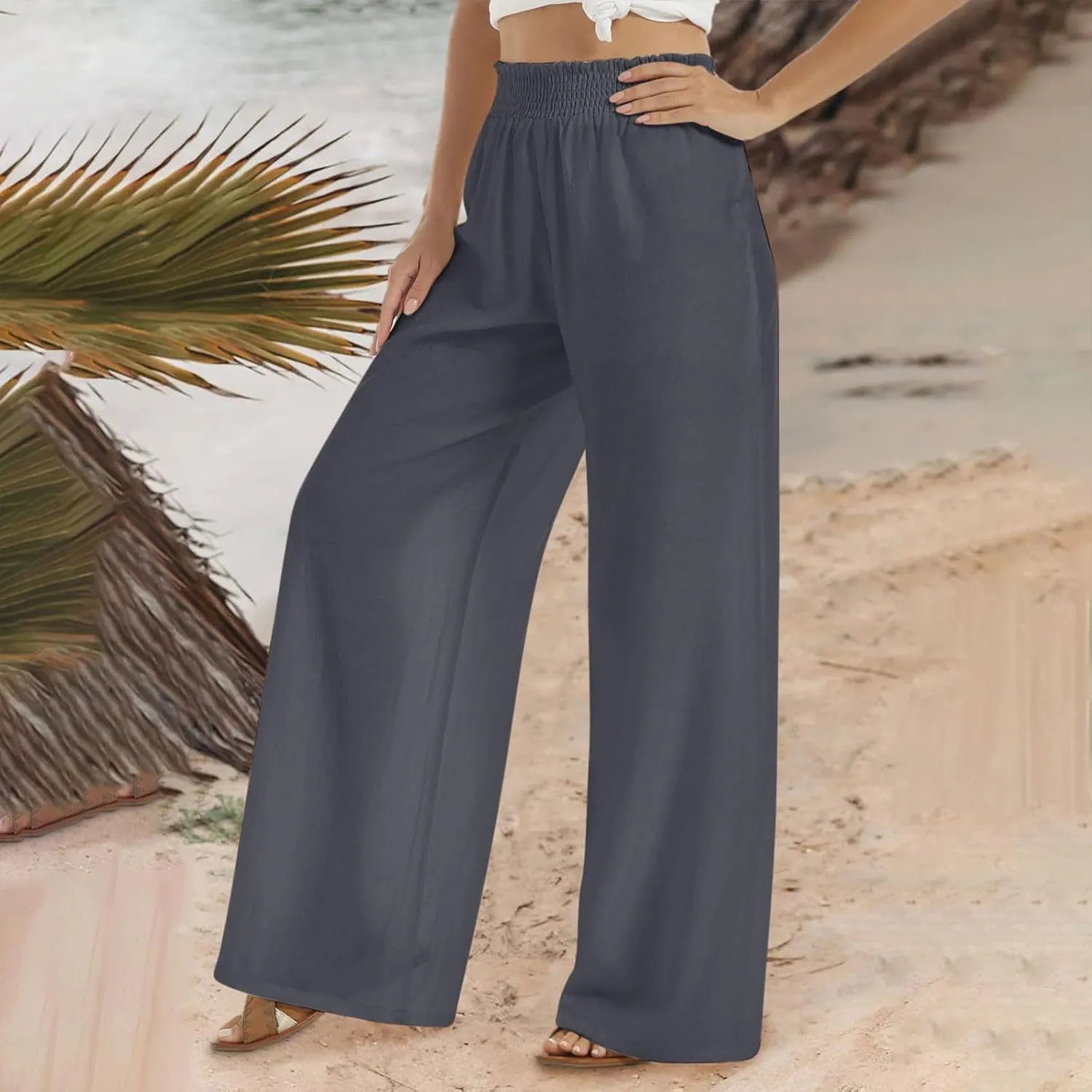 Women Linen Palazzo Pants High Waisted Wide Leg Pants Loose Fit Trousers Pants Wide Waisted Pants Summer Casual Lounge Pants