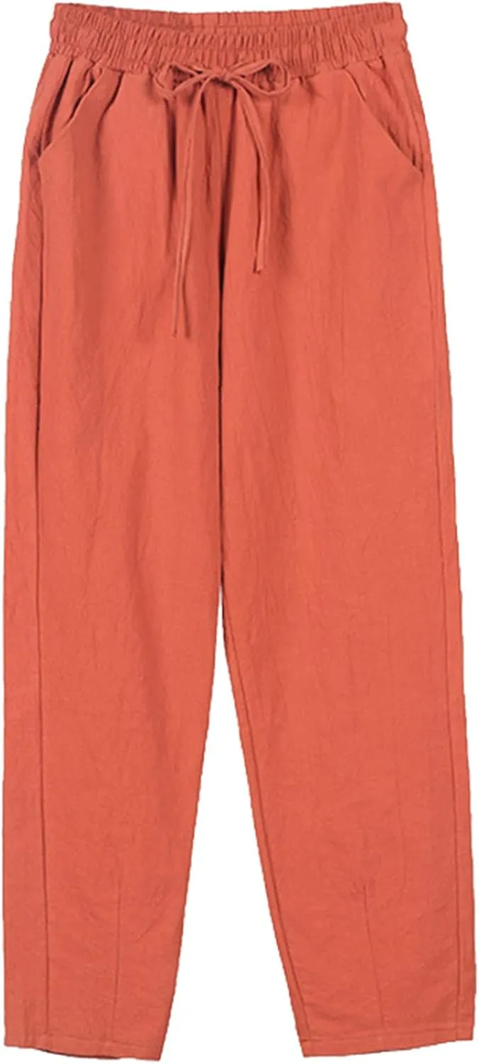 Women Linen Pants Casual 2025 Summer Drawstring Waist Lounge Pants Solid Color Breathable Baggy Trousers with Pockets