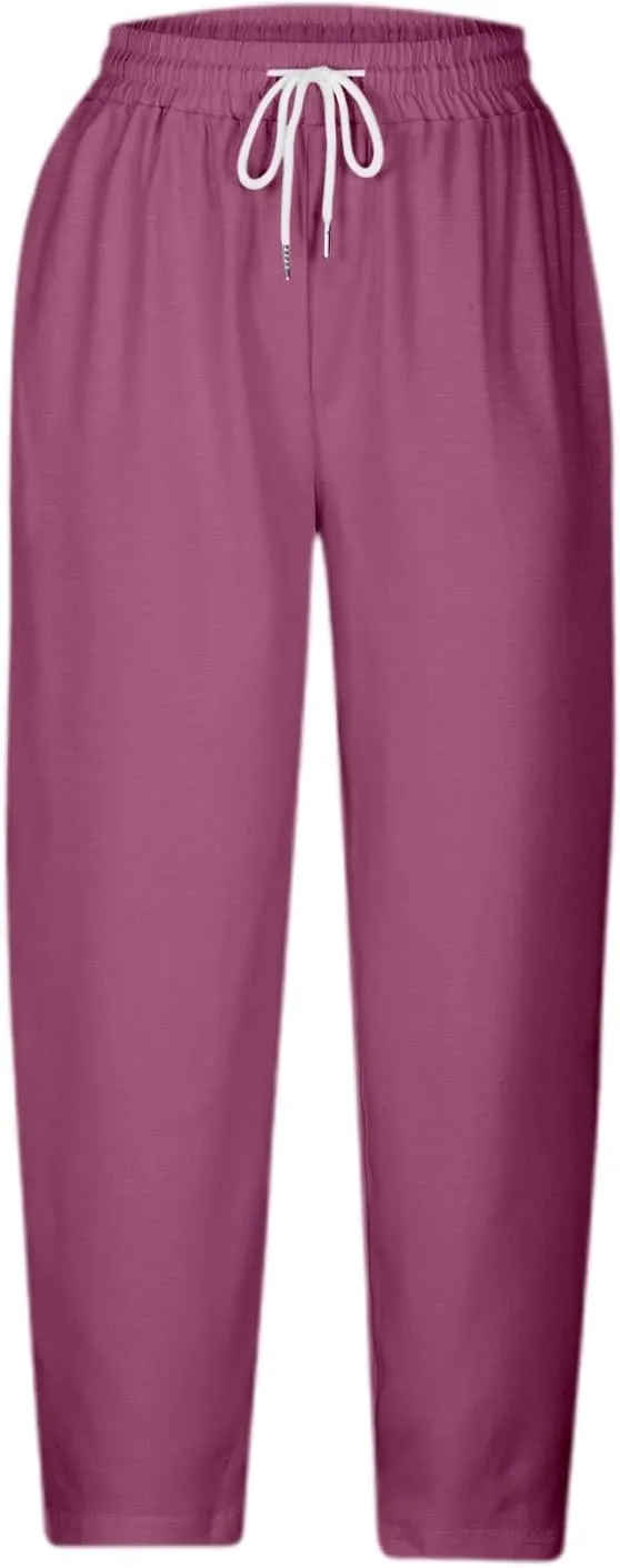 Women Linen Pants High Waist Casual Summer Pant Relax Fit Lightweight Pant Plus Size Solid Lounge Long Trousers
