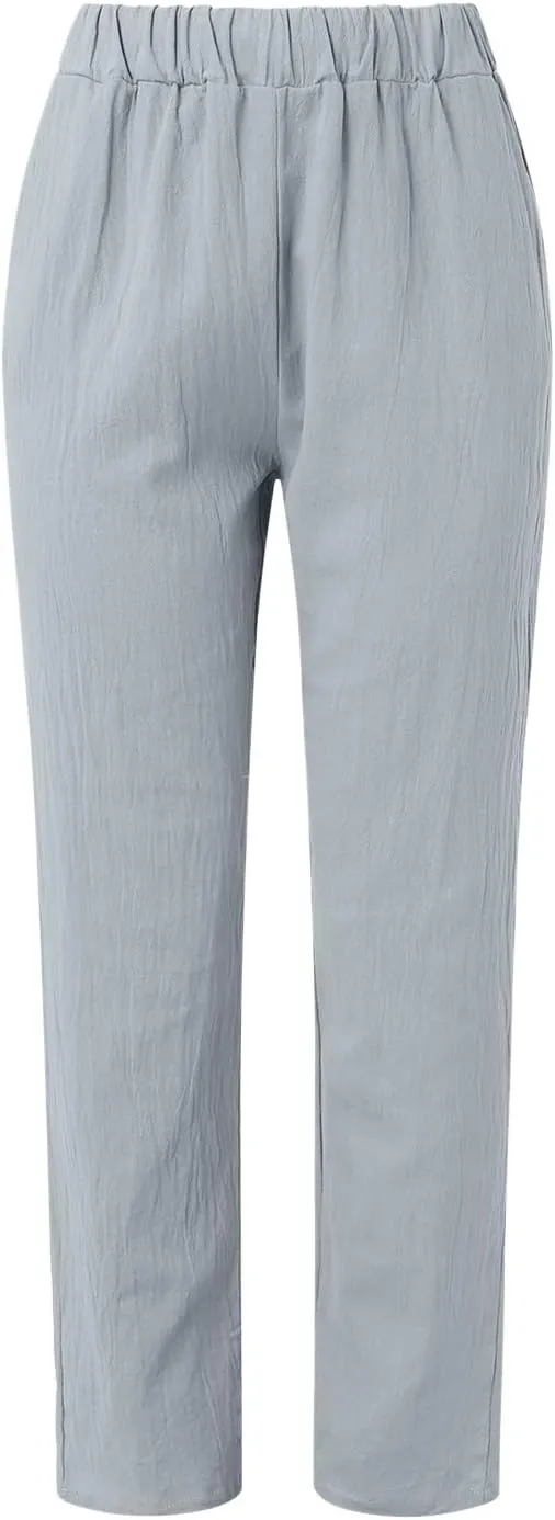 Women Linen Pants Summer Baggy Lounge Side Button Up Casual Pants Elastic Waist Solid Comfy Beach Pant with Pockets