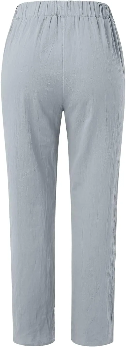 Women Linen Pants Summer Baggy Lounge Side Button Up Casual Pants Elastic Waist Solid Comfy Beach Pant with Pockets