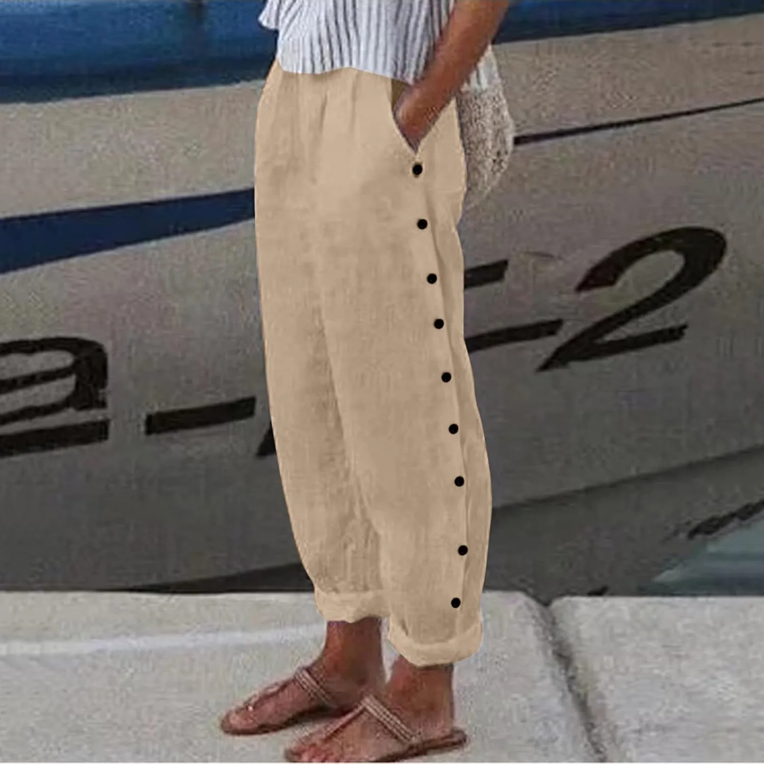 Women Linen Pants Summer Baggy Lounge Side Button Up Casual Pants Elastic Waist Solid Comfy Beach Pant with Pockets