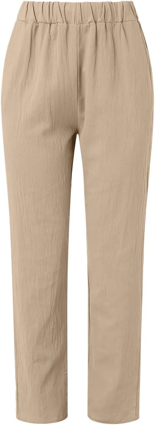 Women Linen Pants Summer Baggy Lounge Side Button Up Casual Pants Elastic Waist Solid Comfy Beach Pant with Pockets