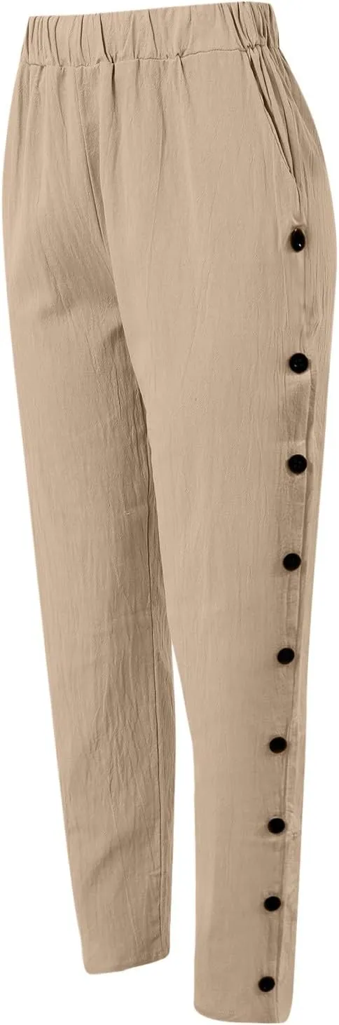 Women Linen Pants Summer Baggy Lounge Side Button Up Casual Pants Elastic Waist Solid Comfy Beach Pant with Pockets