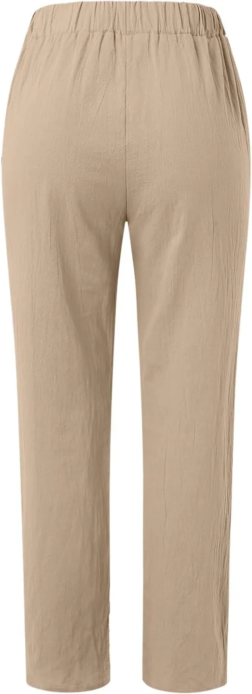 Women Linen Pants Summer Baggy Lounge Side Button Up Casual Pants Elastic Waist Solid Comfy Beach Pant with Pockets
