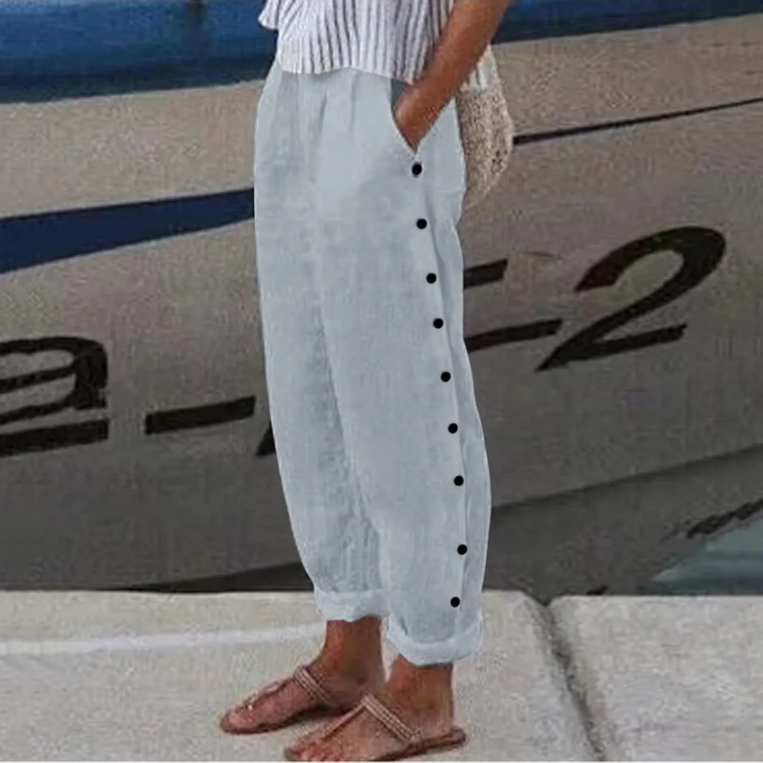 Women Linen Pants Summer Baggy Lounge Side Button Up Casual Pants Elastic Waist Solid Comfy Beach Pant with Pockets
