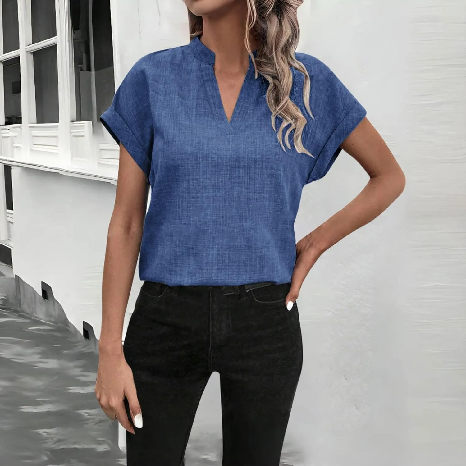 Women Linen Shirts Short Sleeve V Neck Linen Tops Summer Fashion Clothes Women Cropped Petite Causal Business Blouse