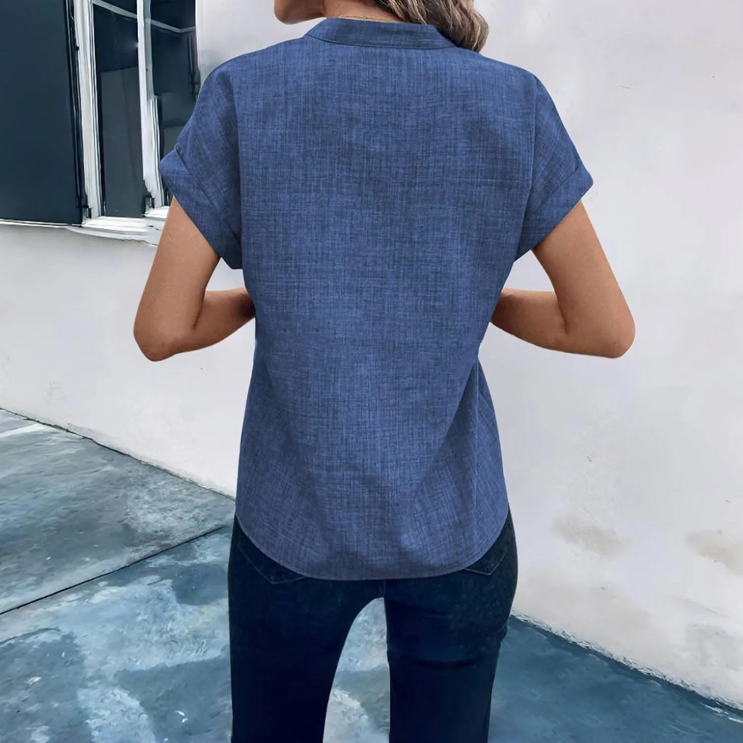 Women Linen Shirts Short Sleeve V Neck Linen Tops Summer Fashion Clothes Women Cropped Petite Causal Business Blouse