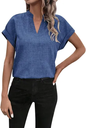 Women Linen Shirts Short Sleeve V Neck Linen Tops Summer Fashion Clothes Women Cropped Petite Causal Business Blouse
