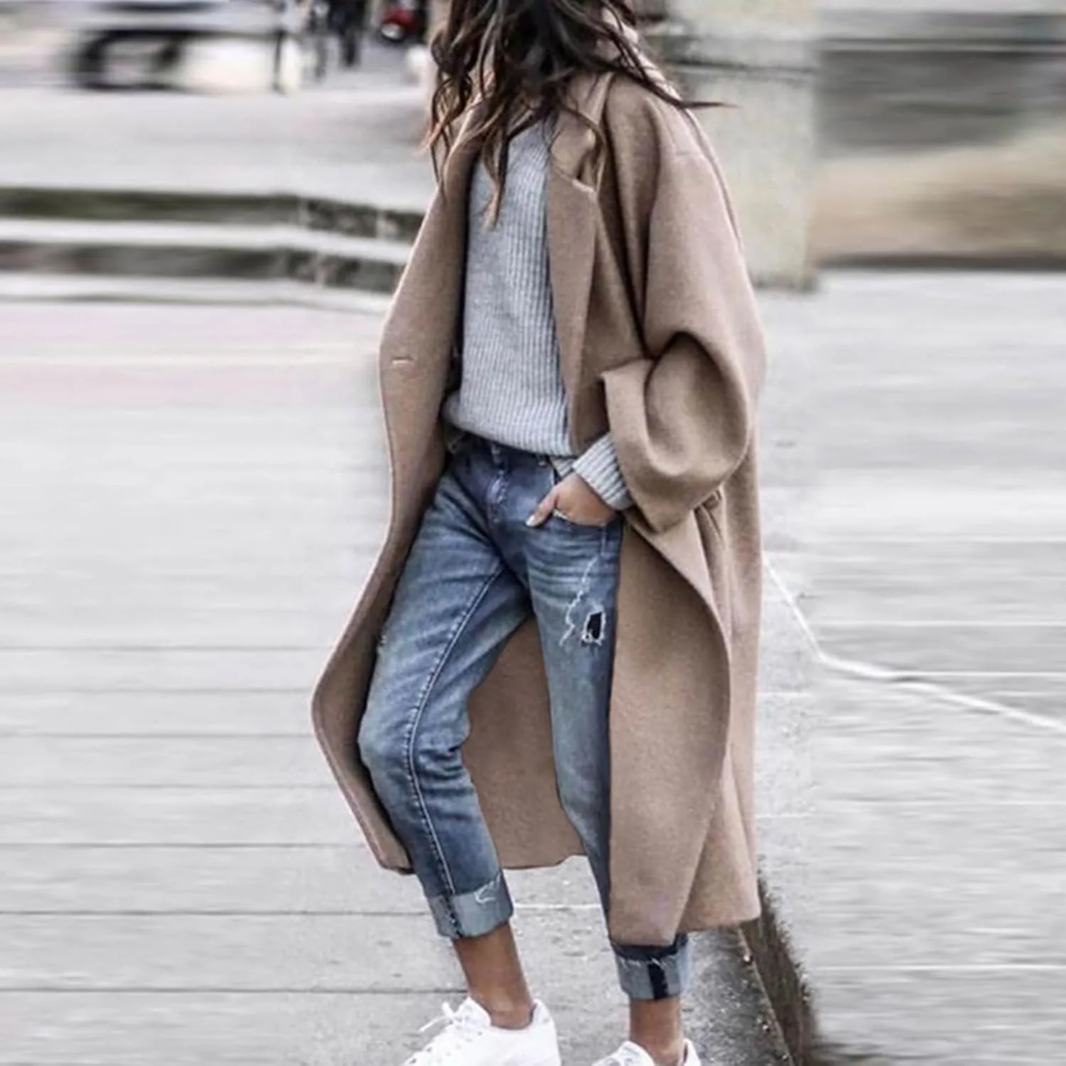 Women Long Pea Coat Fleece Single Breast Trench Coat Notched Lapel Long Sleeve Overcoat Oversized Cardigan Sweater