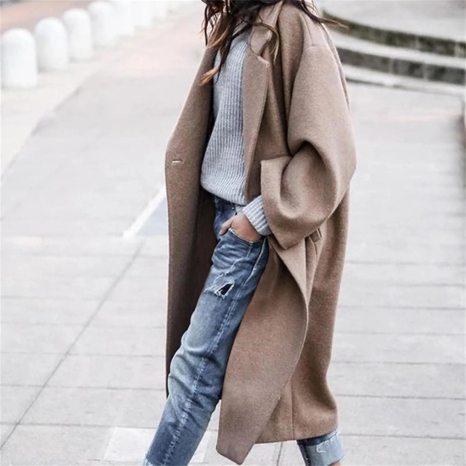 Women Long Pea Coat Fleece Single Breast Trench Coat Notched Lapel Long Sleeve Overcoat Oversized Cardigan Sweater