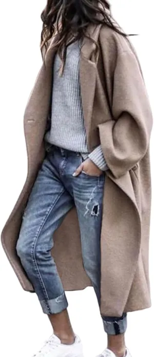 Women Long Pea Coat Fleece Single Breast Trench Coat Notched Lapel Long Sleeve Overcoat Oversized Cardigan Sweater
