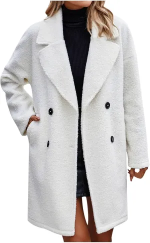 Women Long Sherpa Coats Lapel Fuzzy Trench Jackets Winter Fleece Outerwear Button Cardigan with Pockets