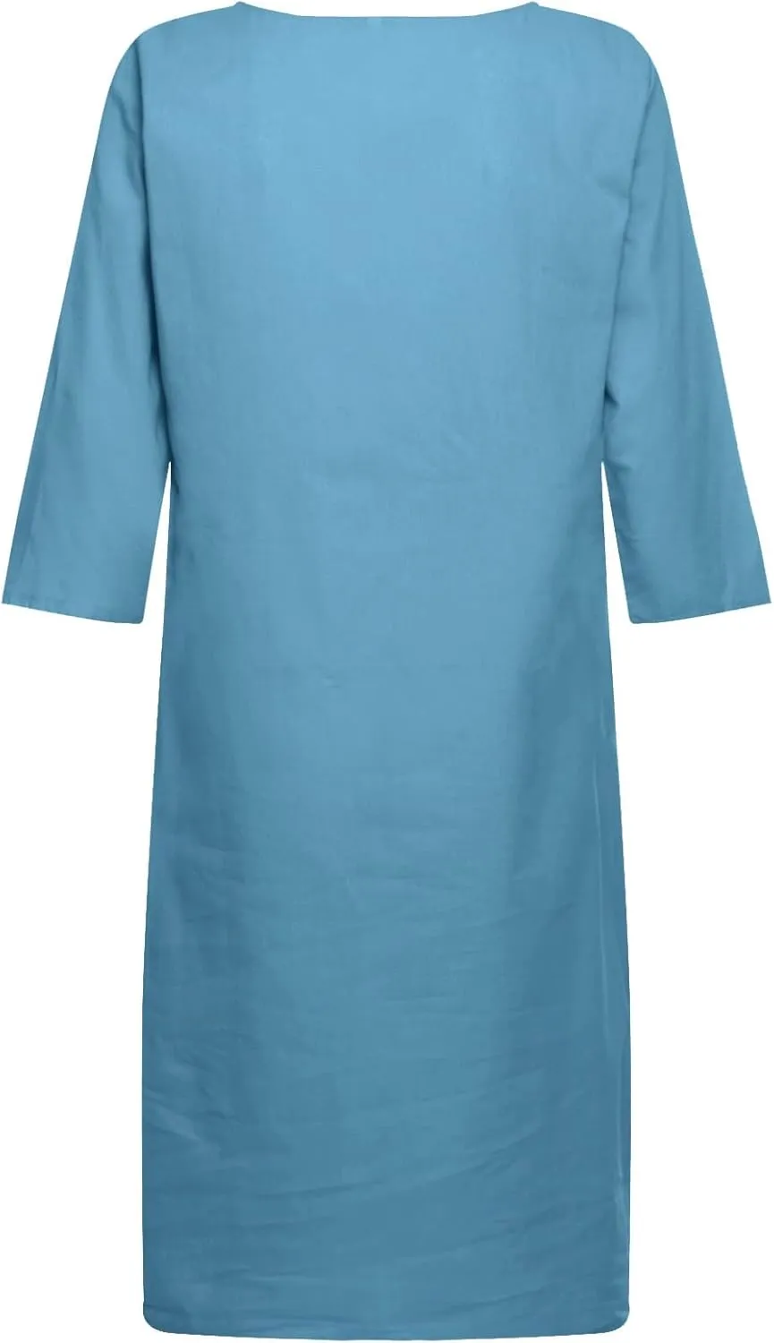 Women Midi Shirt Dresses Lapel Cotton Dress V Neck Linen Dress Summer Half Sleeve Knee Length Dress Casual Crewneck Dresses