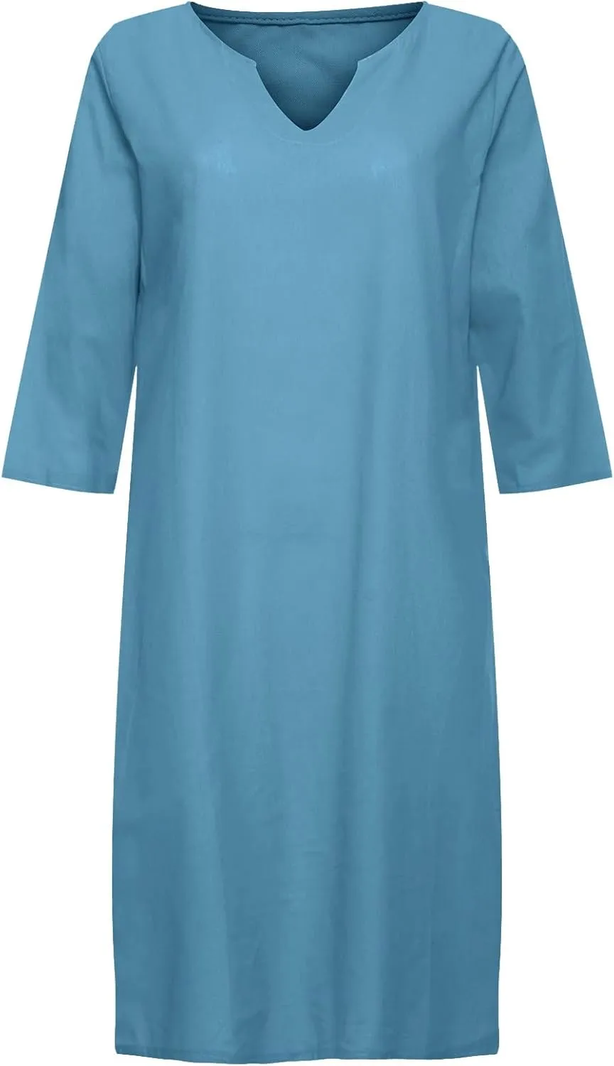 Women Midi Shirt Dresses Lapel Cotton Dress V Neck Linen Dress Summer Half Sleeve Knee Length Dress Casual Crewneck Dresses