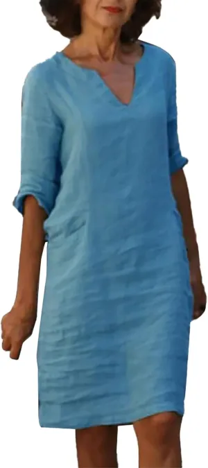 Women Midi Shirt Dresses Lapel Cotton Dress V Neck Linen Dress Summer Half Sleeve Knee Length Dress Casual Crewneck Dresses