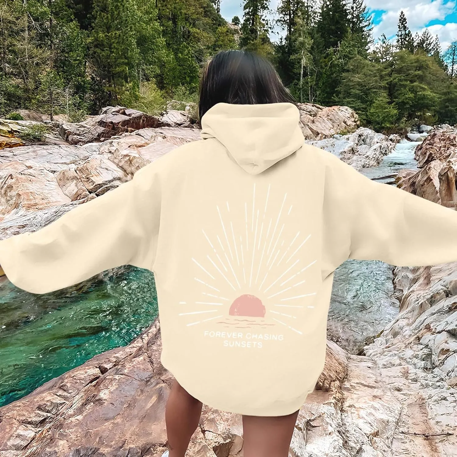 Women Oversized Hoodie Beachy Sweatshirt Letter Printed Always Chasing Sunsets Hoodies Solid Color Soft Top