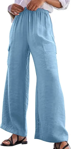 Women Palazzo Pants with Pockets Summer Casual Wide Leg High Waist Lounge Pants Flowy Beach Trousers Travel