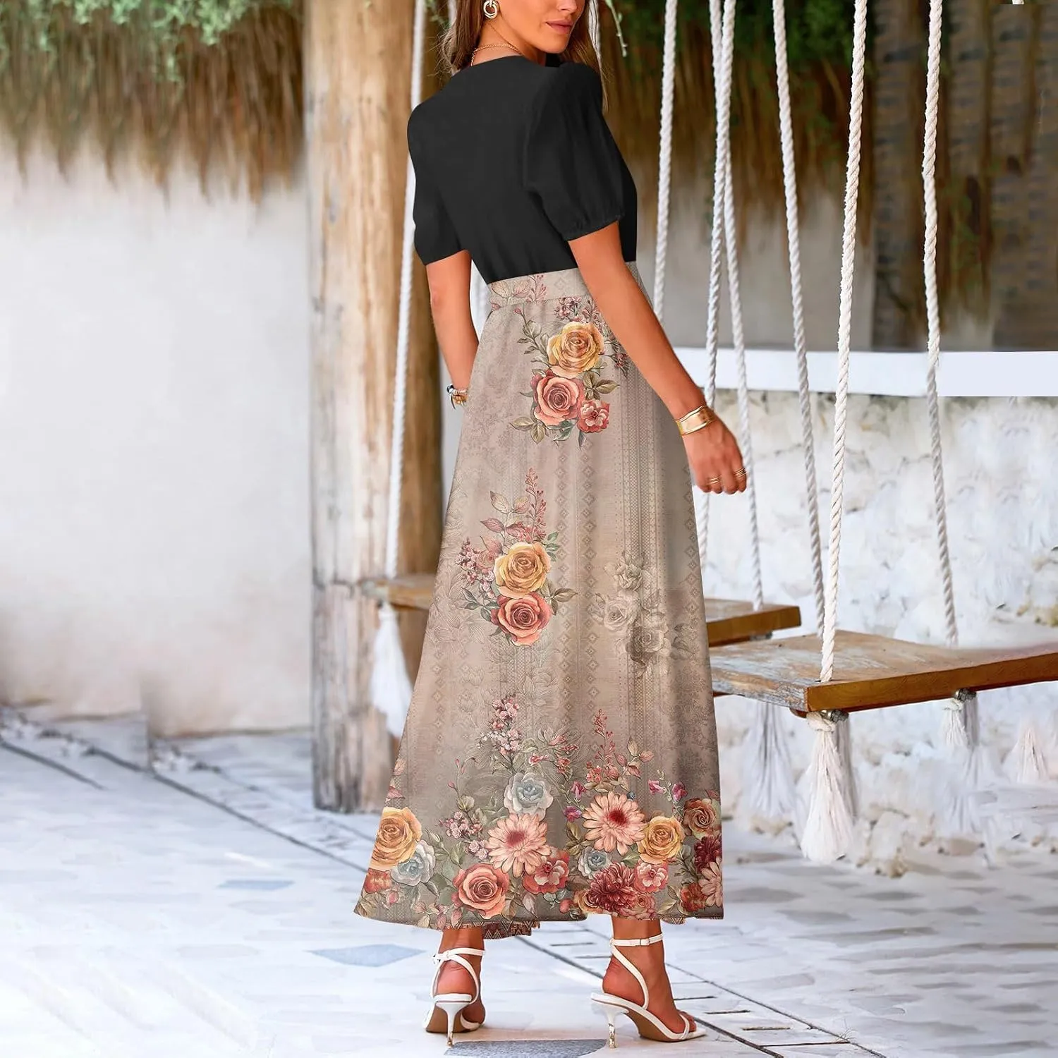 Women Summer Casual Short Sleeve V-Neck Aline Swing Flowy Tiered Shirt Maxi Beach Long Dress 2025 Trendy Outfits
