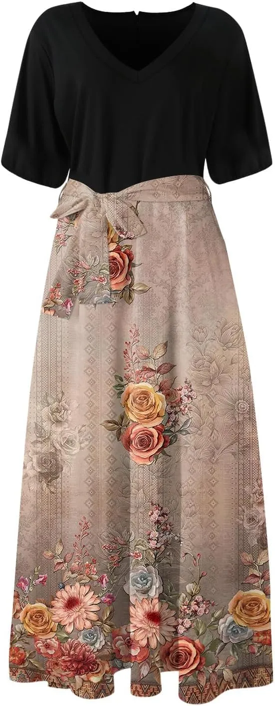 Women Summer Casual Short Sleeve V-Neck Aline Swing Flowy Tiered Shirt Maxi Beach Long Dress 2025 Trendy Outfits