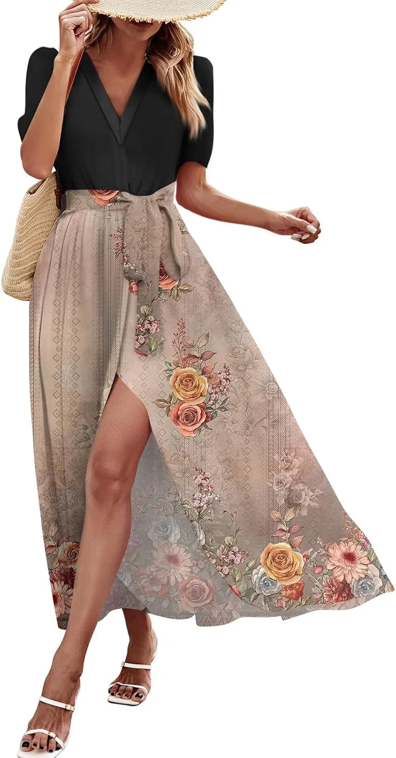 Women Summer Casual Short Sleeve V-Neck Aline Swing Flowy Tiered Shirt Maxi Beach Long Dress 2025 Trendy Outfits