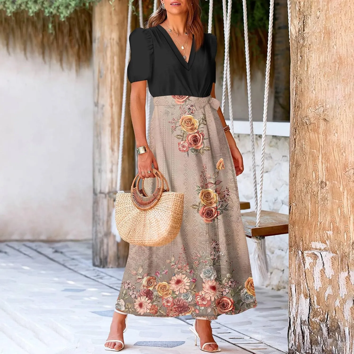 Women Summer Casual Short Sleeve V-Neck Aline Swing Flowy Tiered Shirt Maxi Beach Long Dress 2025 Trendy Outfits