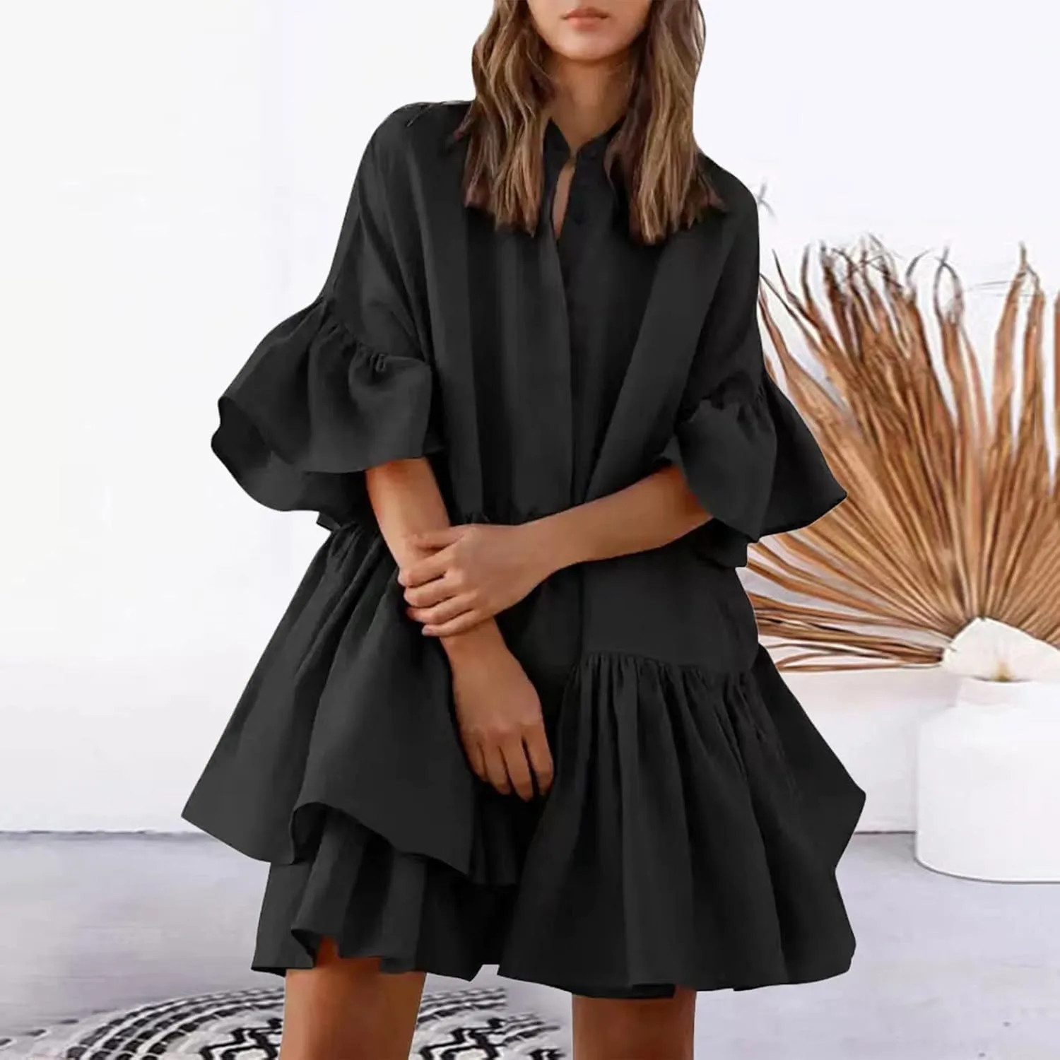 Women Summer Spring V Neck Ruffle Chiffon Elegant Empire Waist Mini Short Swing Skater Dresses Dress Casual Loose Sundresses