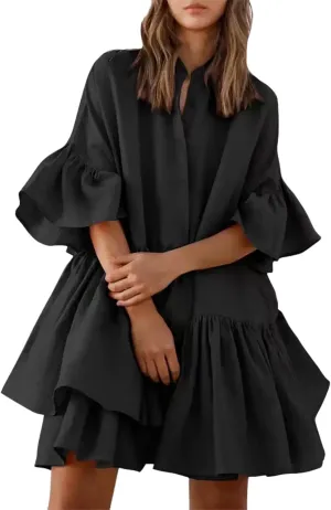 Women Summer Spring V Neck Ruffle Chiffon Elegant Empire Waist Mini Short Swing Skater Dresses Dress Casual Loose Sundresses