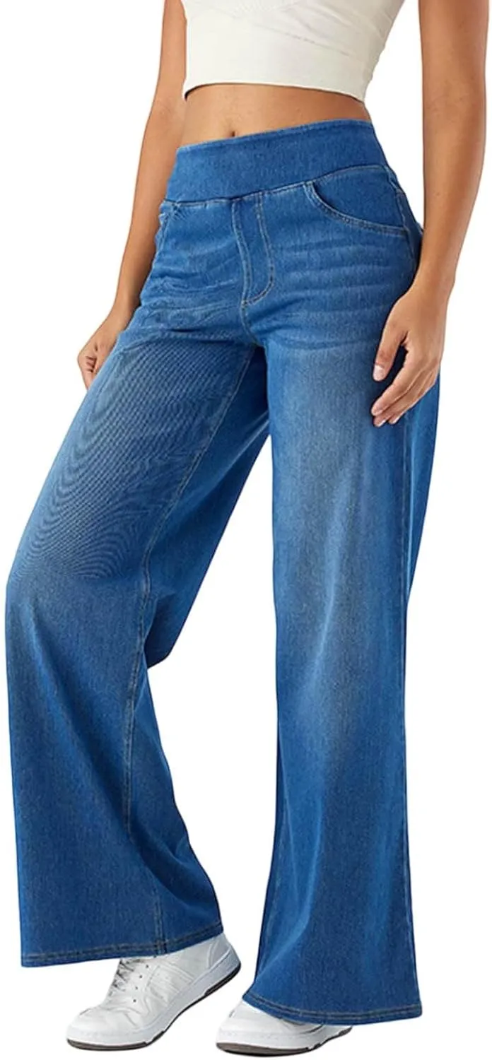 Women Sweatpant Look Like Jeans High Waisted Wide Leg Denim Pants with Pocket Stretchy 2025 Trendy Work Casual Pant