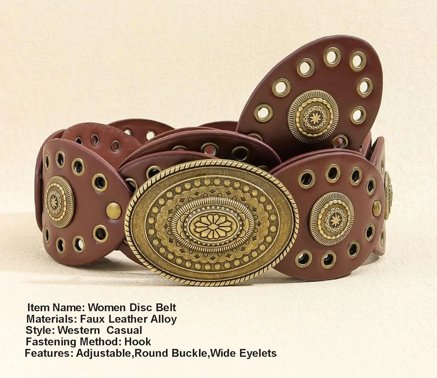 Women Wide-Disc Western-Belts Vintage-Cowgirl Concho-Waist Belt Chunky Country Belts for Jeans Pants