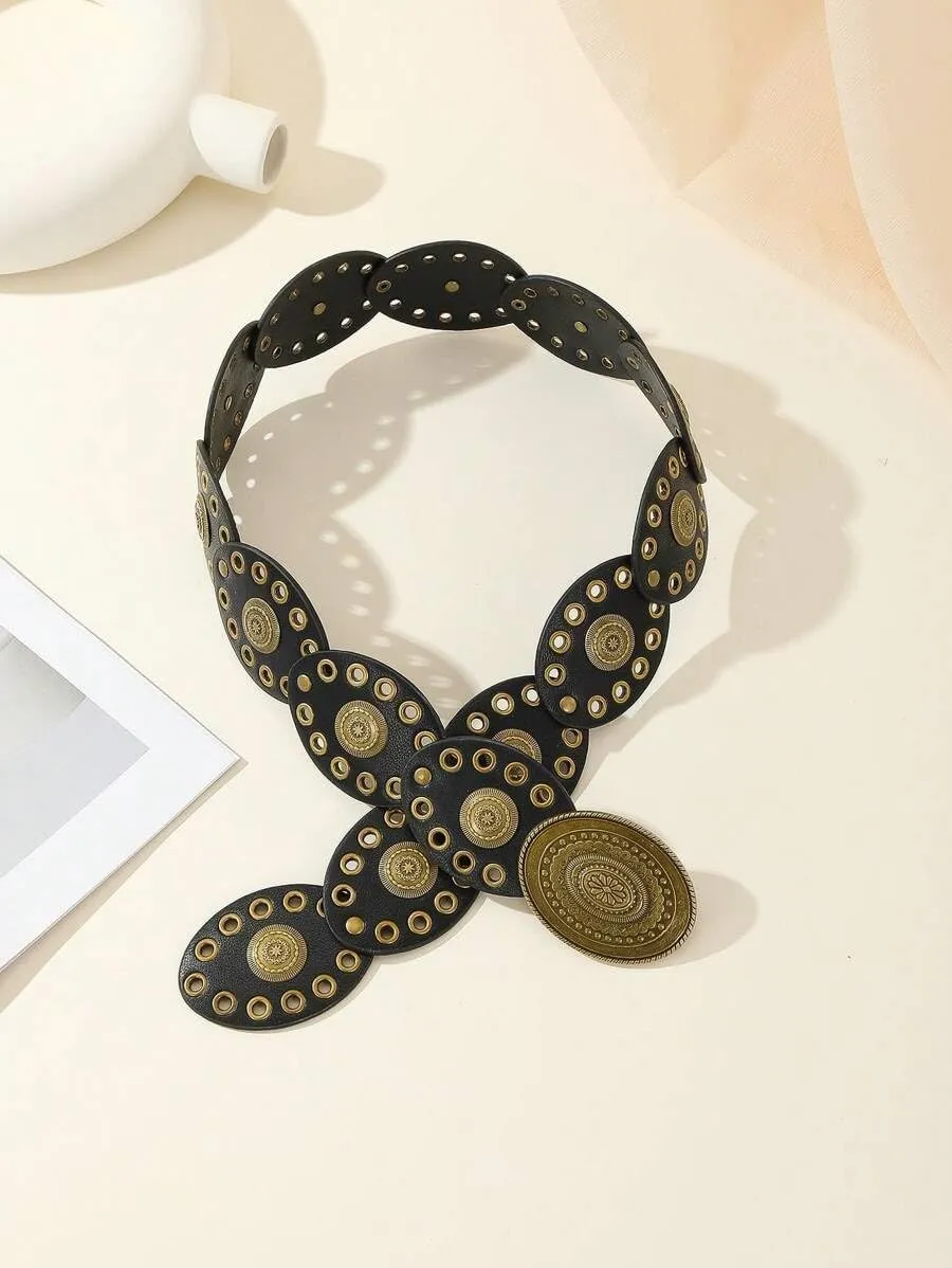 Women Wide-Disc Western-Belts Vintage-Cowgirl Concho-Waist Belt Chunky Country Belts for Jeans Pants