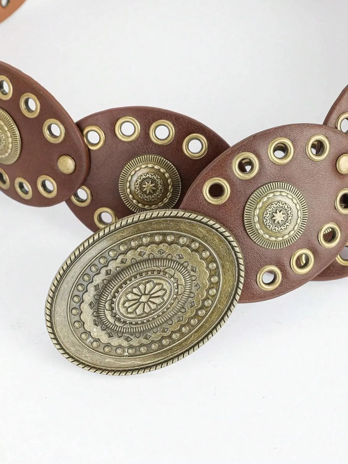 Women Wide-Disc Western-Belts Vintage-Cowgirl Concho-Waist Belt Chunky Country Belts for Jeans Pants