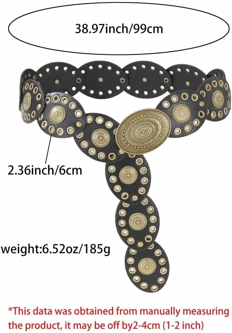 Women Wide-Disc Western-Belts Vintage-Cowgirl Concho-Waist Belt Chunky Country Belts for Jeans Pants