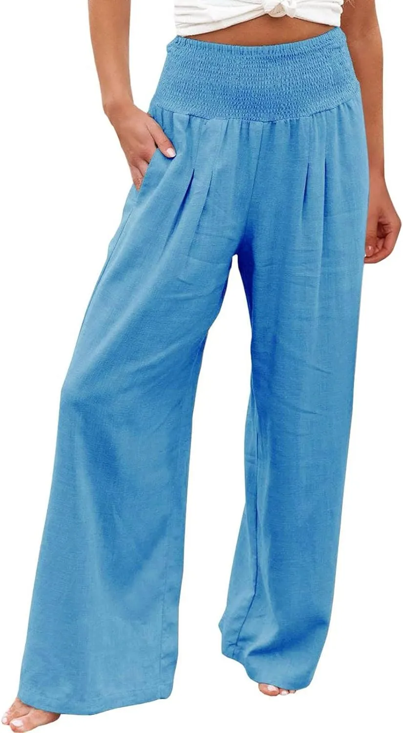 Women Wide Leg Long Palazzo Pants Casual Smocked Waist Flowy Pants Baggy Loose Comfy Breathable Slacks with Pockets