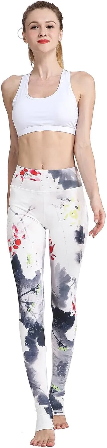 Women Yoga Pants Printed Over The Heel Stirrup Yoga Leggings High Waist Power Flex Capris Leggings for Fitness Running