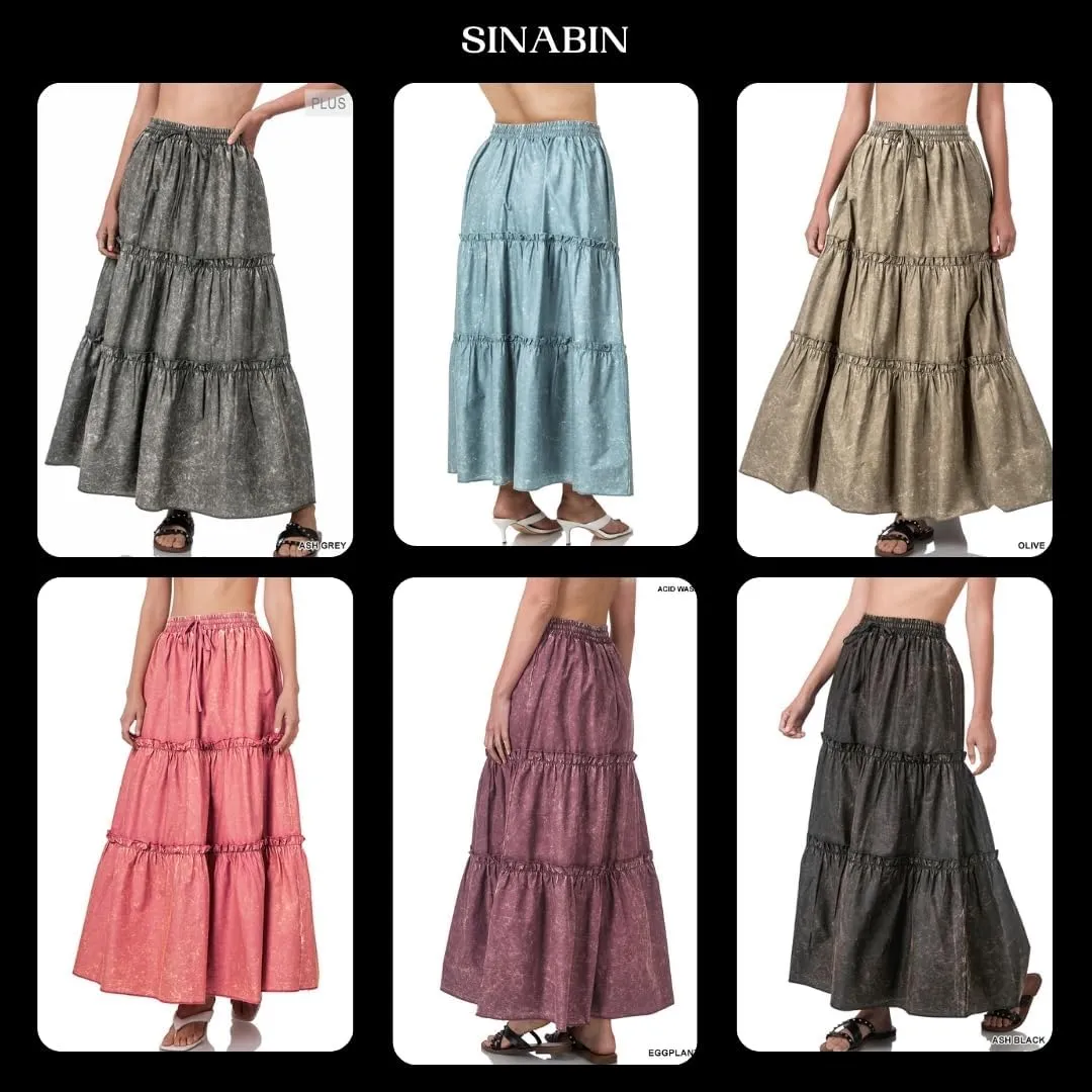 Women's Acid WASH Tiered Ruffle Maxi Skirt