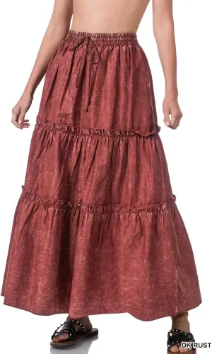 Women's Acid WASH Tiered Ruffle Maxi Skirt
