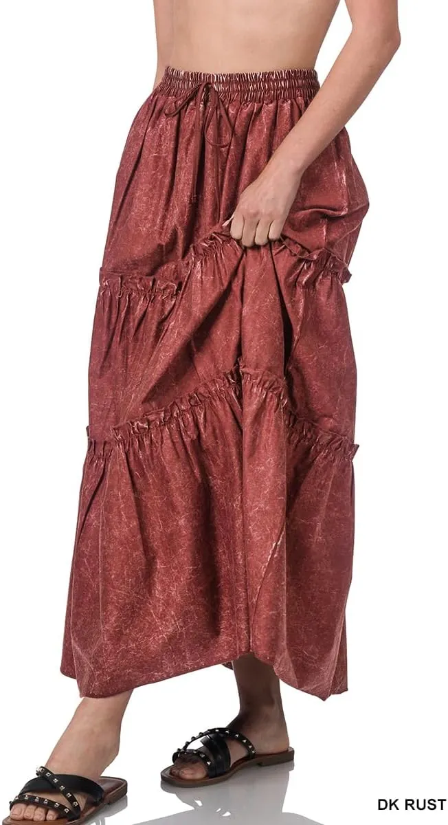 Women's Acid WASH Tiered Ruffle Maxi Skirt