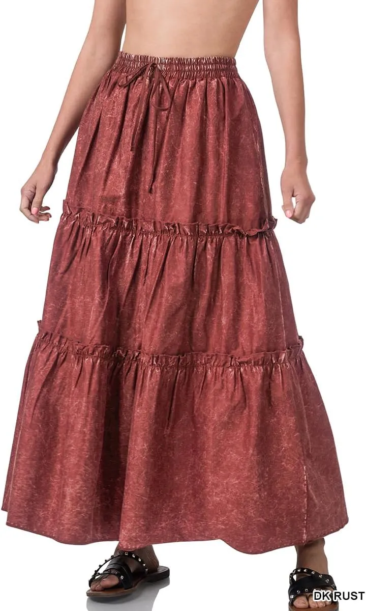 Women's Acid WASH Tiered Ruffle Maxi Skirt