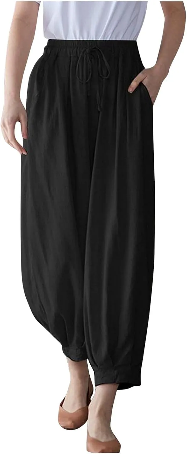 Womens Baggy High Waisted Wrap Lounge Pants Drawstring Casual Straight Leg Palazzo Jogging Trousers with Pockets