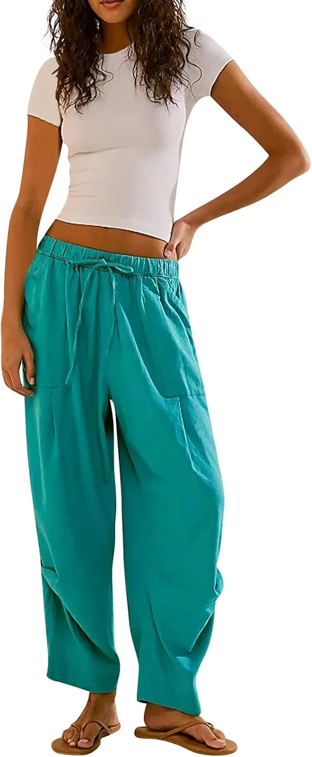 Womens Baggy High Waisted Wrap Lounge Pants Drawstring Casual Straight Leg Palazzo Jogging Trousers with Pockets