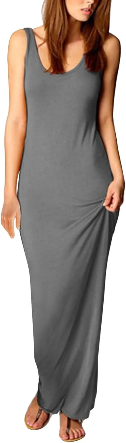 Womens Bodycon Dresses Plus Size Sleeveless Maxi Dress Elastic Solid Color Long Tank Sundress Summer Casual Outfits