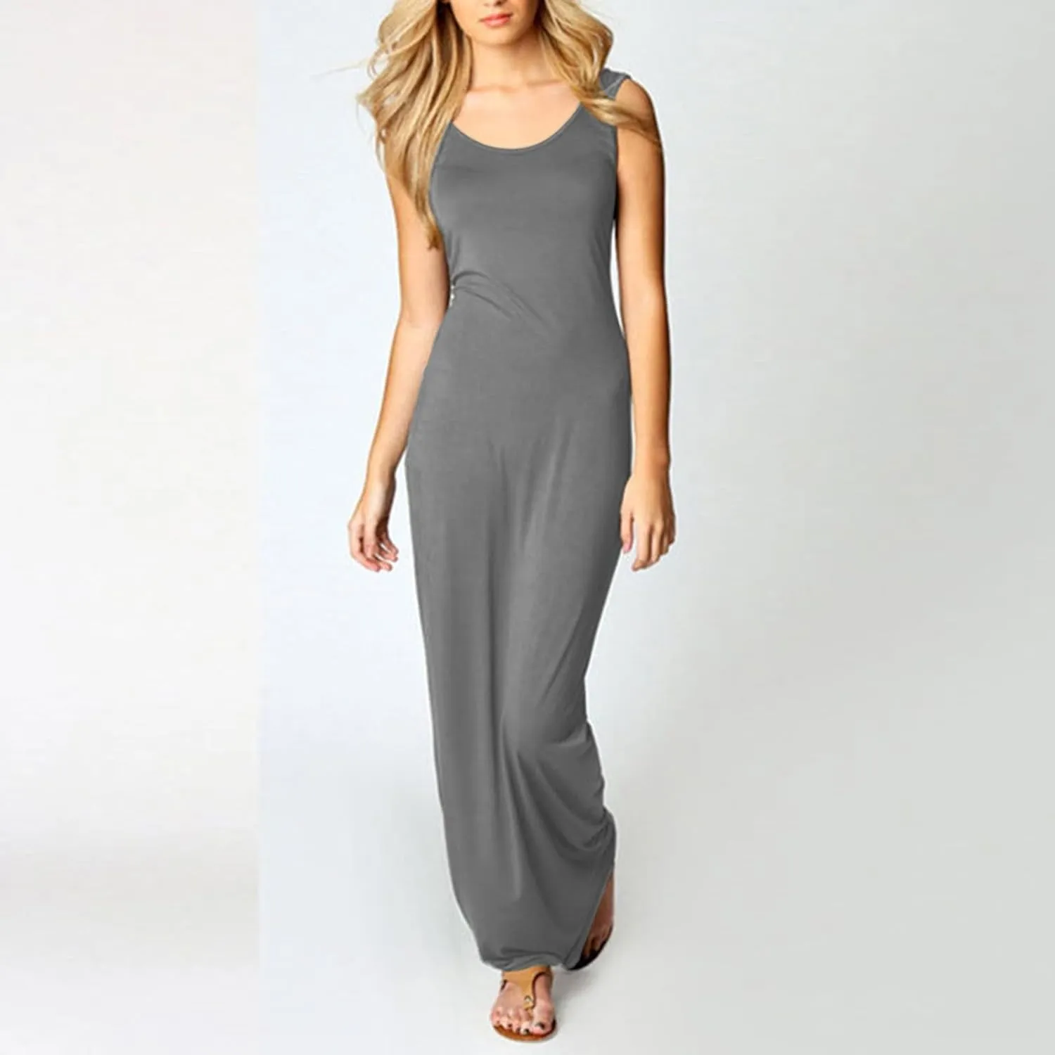 Womens Bodycon Dresses Plus Size Sleeveless Maxi Dress Elastic Solid Color Long Tank Sundress Summer Casual Outfits