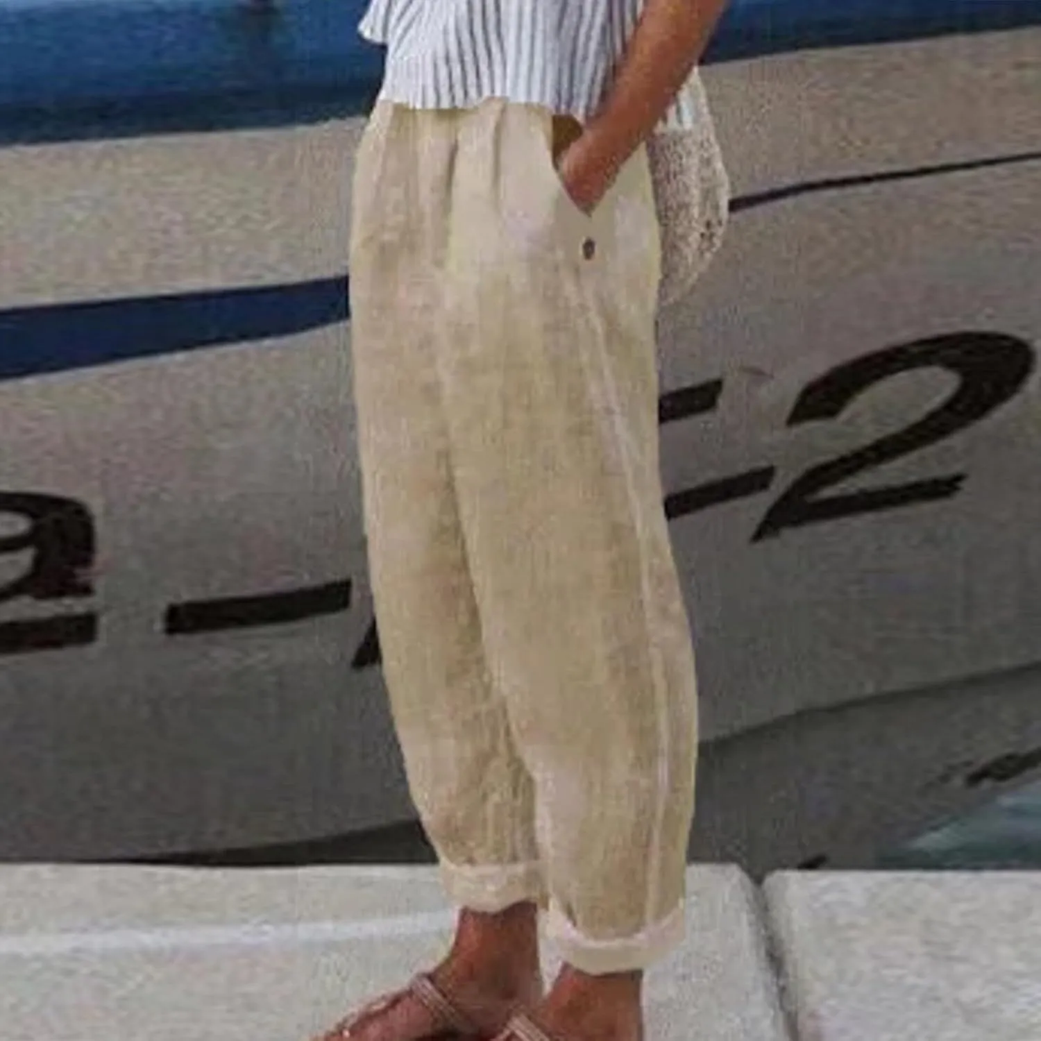 Women's Boho Floral Cotton Linen Casual Vacation Pants Summer High Waisted Baggy Beach Lounge Trousers with Pockets