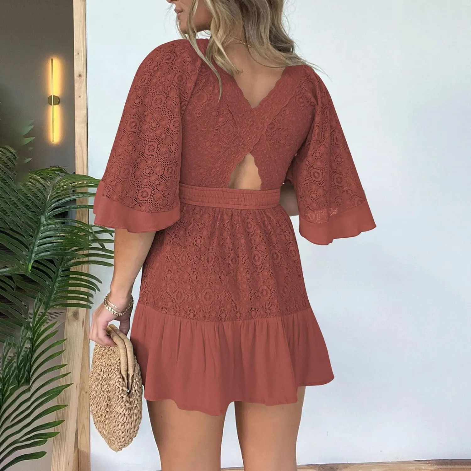 Womens Boho Floral Lace Mini Dress Deep V-Neck Smocked Waist Ruffle A-Line Dresses Casual Sexy Flared Sleeves Dress